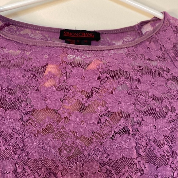 Simon Chang Long Sleeve Purple Floral Lace Sweetheart Neckline Top (Size Medium) - Picture 5 of 9